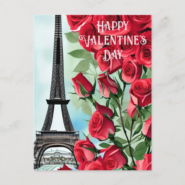 Eiffel Tower Romantic Red Roses Valentine's Day Postcard (Front)