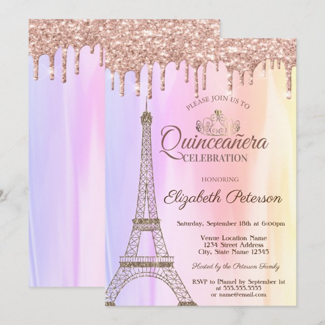Eiffel Tower,Rose Gold Drips Ombre Quinceañera Invitation (Front/Back)