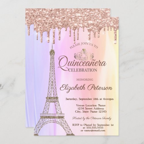 Eiffel TowerRose Gold Drips Ombre Quinceaera Invitation