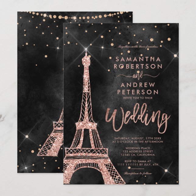 Eiffel tower rose gold glitter black wedding invitation (Front/Back)