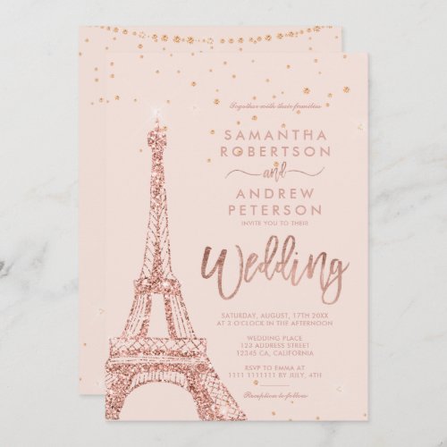 Eiffel tower rose gold glitter blush pink wedding invitation