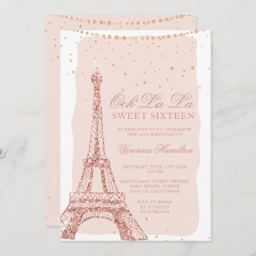 Eiffel tower rose gold glitter blush Sweet 16 Invitation