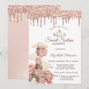 Eiffel Tower Rose Gold Glitter Drips Sweet 16 Invitation