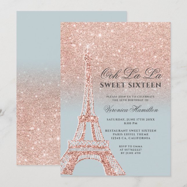 Eiffel tower rose gold glitter ice blue Sweet 16 Invitation (Front/Back)