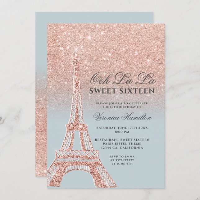 Eiffel tower rose gold glitter ice blue Sweet 16 Invitation (Front/Back)