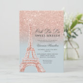 Eiffel tower rose gold glitter ice blue Sweet 16 Invitation (Standing Front)