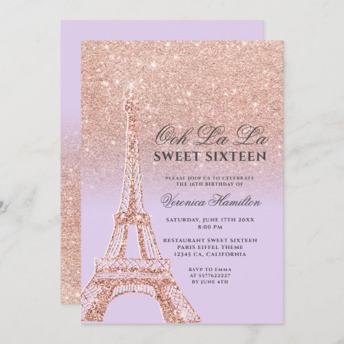 Eiffel tower rose gold glitter lavender Sweet 16 Invitation