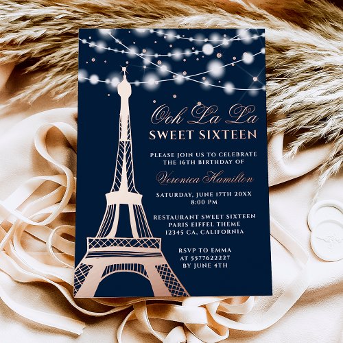 Eiffel tower rose gold glitter light blue Sweet 16 Foil Invitation