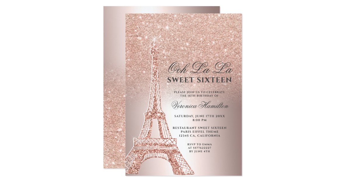 Eiffel tower rose gold glitter metallic Sweet 16 Invitation | Zazzle.com