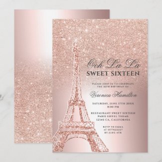 Eiffel tower rose gold glitter metallic Sweet 16 Invitation