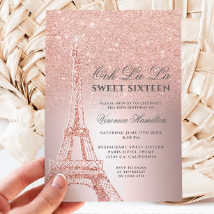 Eiffel tower rose gold glitter metallic Sweet 16 Invitation
