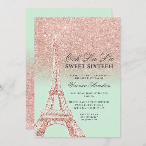 Eiffel tower rose gold glitter mint green Sweet 16 Invitation