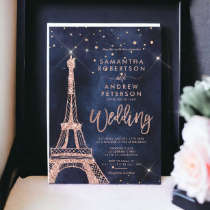 Eiffel tower rose gold glitter navy blue wedding invitation