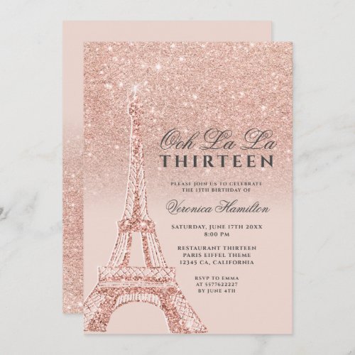 Eiffel tower rose gold glitter pink chic thirteen invitation