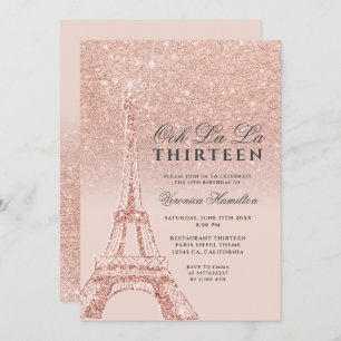 Eiffel tower rose gold glitter pink chic thirteen invitation