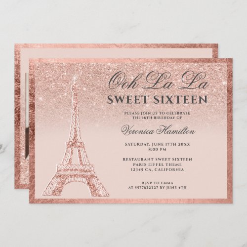 Eiffel tower rose gold glitter pink photo Sweet 16 Invitation