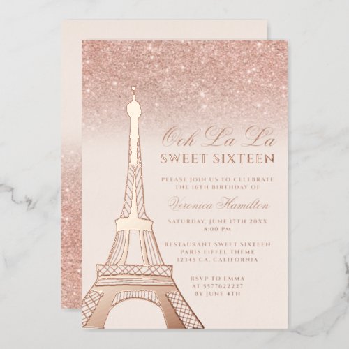 Eiffel tower rose gold glitter pink Sweet 16 Foil Invitation