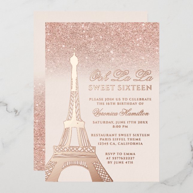 Eiffel tower rose gold glitter pink Sweet 16 Foil Invitation (Front/Back)