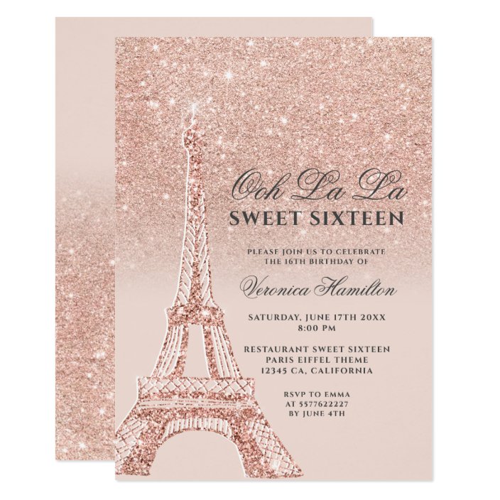 Eiffel Tower Rose Gold Glitter Pink Sweet 16 Invitation Zazzle Eiffel Tower Rose Gold Glitter Pink