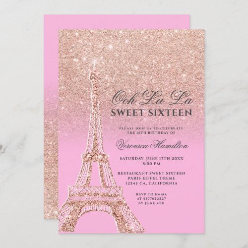 Eiffel tower rose gold glitter pink Sweet 16  Invitation