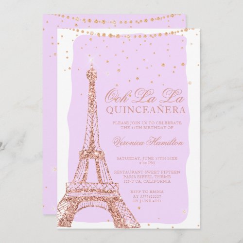 Eiffel tower rose gold glitter purple quinceanera invitation