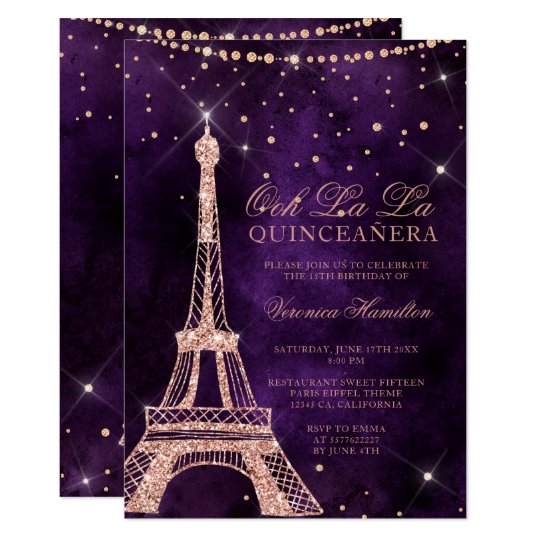 Eiffel Tower Rose Gold Glitter Purple Quinceanera Invitation