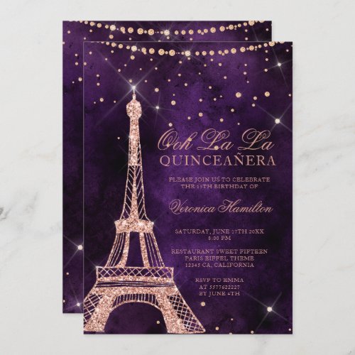 Eiffel tower rose gold glitter purple quinceanera invitation