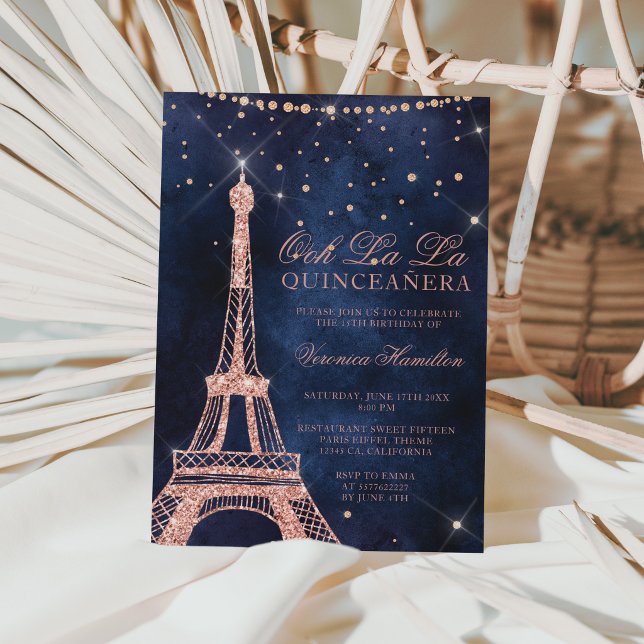Eiffel tower rose gold glitter sparkle quinceanera invitation