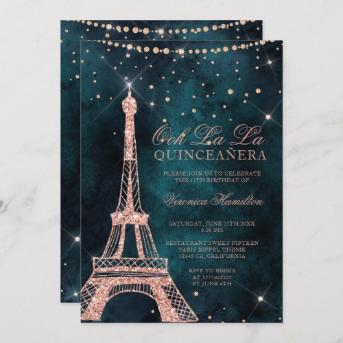 Eiffel tower rose gold glitter teal quinceanera invitation
