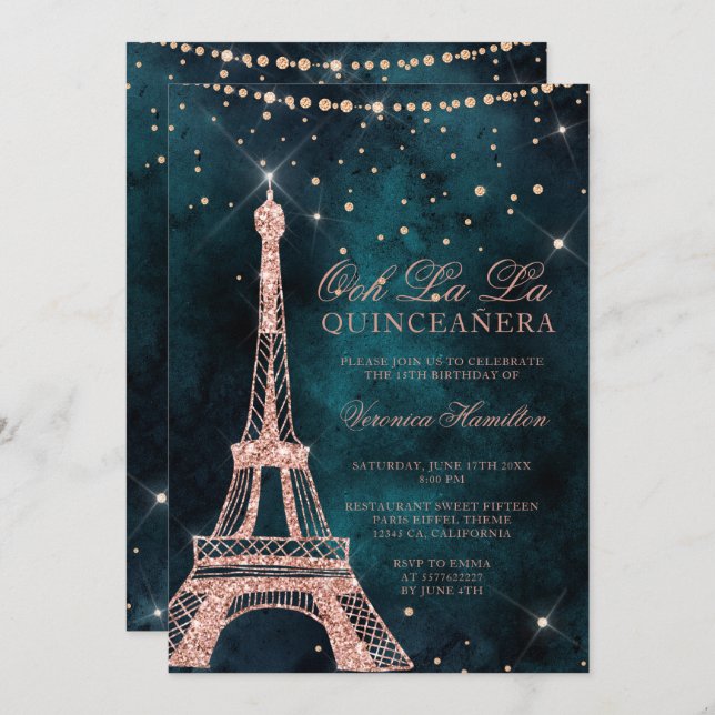 Eiffel tower rose gold glitter teal quinceanera invitation (Front/Back)