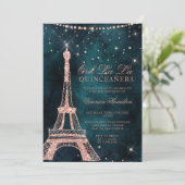 Eiffel tower rose gold glitter teal quinceanera invitation (Standing Front)