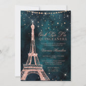 Eiffel tower rose gold glitter teal quinceanera invitation (Front)