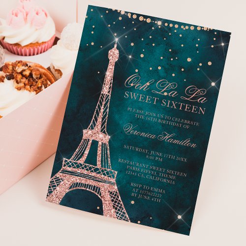 Eiffel tower rose gold glitter teal Sweet 16 Invitation