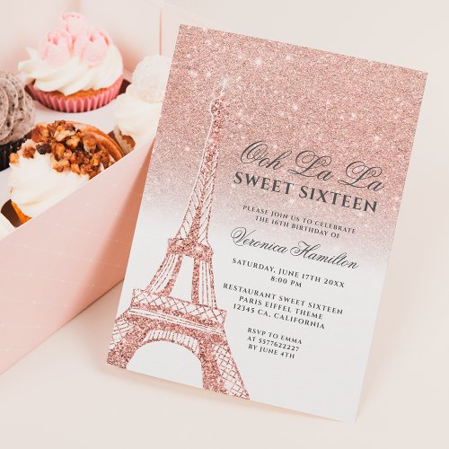Eiffel tower rose gold glitter white Sweet 16 Invitation