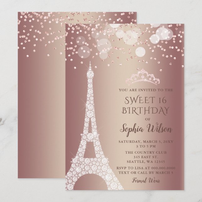 Eiffel Tower Rose Gold Sparkle Glitter Sweet 16  Invitation (Front/Back)