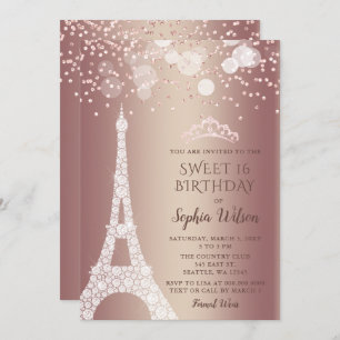 Eiffel Tower Rose Gold Sparkle Glitter Sweet 16 Invitation