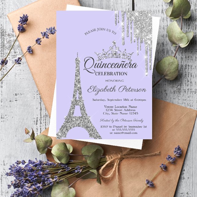 Eiffel Tower,Silver Drips Lavander Quinceañera  Invitation (Creator Uploaded)