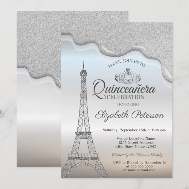 Eiffel Tower,Silver Drips Quinceañera  Invitation (Front/Back)