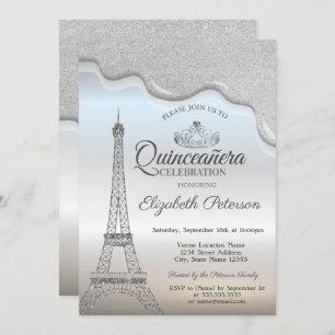 Eiffel Tower,Silver Drips Quinceañera Invitation