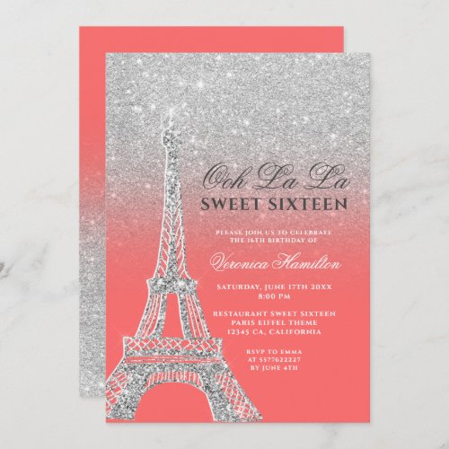Eiffel tower silver glitter coral Sweet 16 Invitation