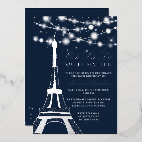 Eiffel tower silver glitter lights blue Sweet 16  Foil Invitation