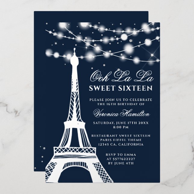 Eiffel tower silver glitter lights blue Sweet 16  Foil Invitation (Front/Back)