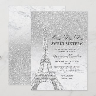 Eiffel tower silver glitter marble Sweet 16 Invitation