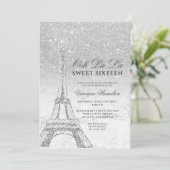 Eiffel tower silver glitter marble Sweet 16 Invitation (Standing Front)
