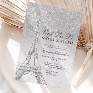 Eiffel tower silver glitter marble Sweet 16 Invitation