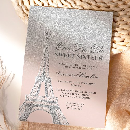 Eiffel tower silver glitter pink Sweet 16 Invitation