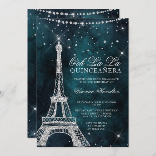 Eiffel tower silver glitter teal quinceanera invitation