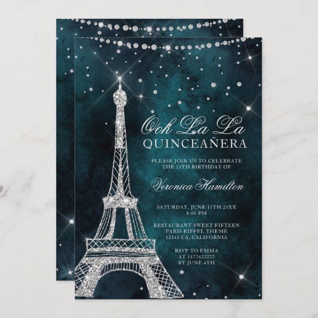 Eiffel tower silver glitter teal quinceanera invitation (Front/Back)