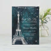Eiffel tower silver glitter teal quinceanera invitation (Standing Front)