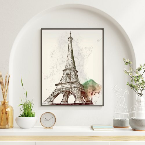 Eiffel Tower Sketch Next To A Tree Poster